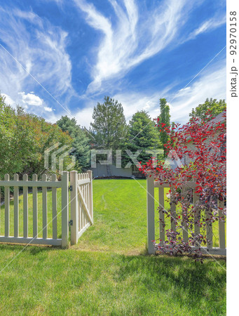 Vertical Whispy white clouds Backyard with picket fence and gate on a green lawn Vertical Whispy white clouds Backyard with picket fence and gate on a green lawn 92970158