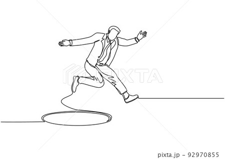 Single continuous line drawing businessman jumping through the hole, metaphor to facing big problem. Business struggles. Strength for success. Dynamic one line draw graphic design vector illustration Single continuous line drawing businessman jumping through the hole, metaphor to facing big problem. Business struggles. Strength for success. Dynamic one line draw graphic design vector illustration 92970855