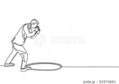 Single one line drawing businessman scream into pit hole. Man wondering and looking at big hole, business concept in opportunity, exploration or challenge. Modern continuous line draw design vector 92970861