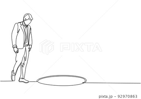 Single continuous line drawing businessman looking at black hole. Man wondering and looking at big hole, business concept in opportunity, exploration or challenge. Dynamic one line draw design vector 92970863