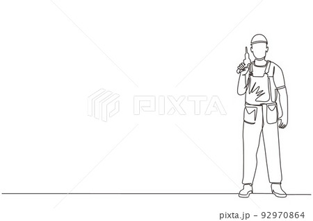 Single continuous line drawing man worker holding electric drill tool for repair. Builder in uniform. Handyman in overalls. Repairman with instrument. One line draw graphic design vector illuatration 92970864