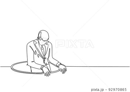 Continuous one line drawing businessman trying to get out of from hole, metaphor to facing big problem. Business struggles. Strength for success. Single line draw design vector graphic illustration 92970865
