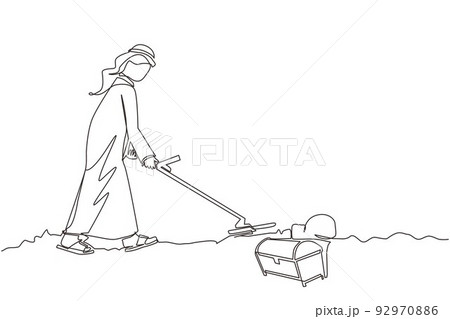 Single one line drawing Arabian businessman with metal detector looking for treasure chest. Man treasure seeker with metal detector finding precious jewel. Continuous line draw design graphic vector 92970886