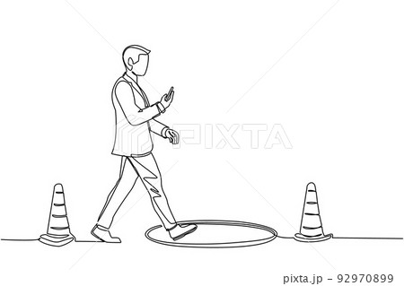 Single one line drawing businessman character going on street watching by smart phone and did not see open manhole. Man walks to business rap. Continuous line draw design graphic vector illustration Single one line drawing businessman character going on street watching by smart phone and did not see open manhole. Man walks to business rap. Continuous line draw design graphic vector illustration 92970899