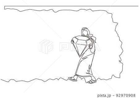 Continuous one line drawing Arabian businessman bearing big diamond from underground. Treasure digging with someone carry diamond. Success, achievement concept. Single line design vector illustration 92970908