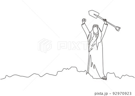 Single one line drawing happy Arab businessman standing and holding shovel on dug ground. Man with excited expression find treasures in dirt. Successful business. Continuous line design graphic vector 92970923
