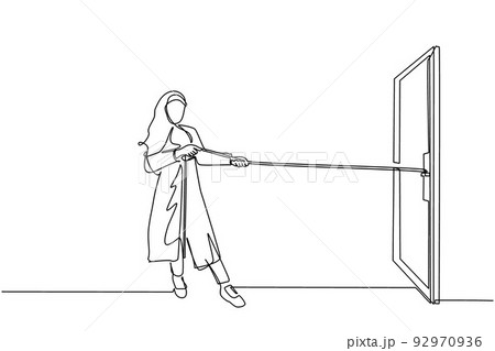 Continuous one line drawing Arab businesswoman pulling rope to drag door, metaphor to facing big problem. Business struggles. Strength for success. Single line draw design vector graphic illustration 92970936