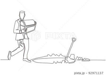 Single one line drawing businessman walking and holding treasure chest. Man with treasure box that contained many gold coins. Business metaphor. Continuous line draw design graphic vector illustration Single one line drawing businessman walking and holding treasure chest. Man with treasure box that contained many gold coins. Business metaphor. Continuous line draw design graphic vector illustration 92971137