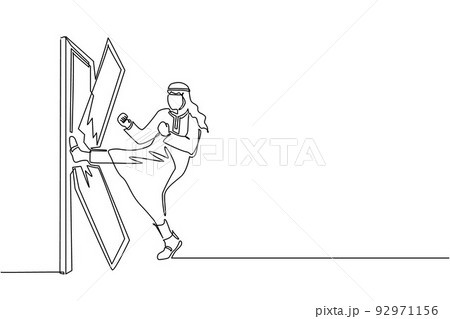 Single one line drawing Arab businessman kicks the door until door shattered. Man kicking locked door and destroy. Business concept of overcoming obstacles. Continuous line draw design graphic vector Single one line drawing Arab businessman kicks the door until door shattered. Man kicking locked door and destroy. Business concept of overcoming obstacles. Continuous line draw design graphic vector 92971156
