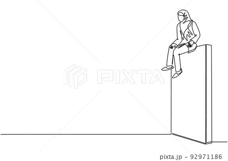 Single one line drawing Arabic businesswoman sad sitting on wall thinking of profit loss, crisis and financial losses in trading market. Evaluation business concept. Continuous line draw design vector 92971186