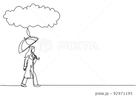 Single one line drawing Arab businesswoman with briefcase and umbrella stand under rain cloud. Depression, passerby at rainy weather. Drenched woman, water pour from sky. Continuous line design vector Single one line drawing Arab businesswoman with briefcase and umbrella stand under rain cloud. Depression, passerby at rainy weather. Drenched woman, water pour from sky. Continuous line design vector 92971195
