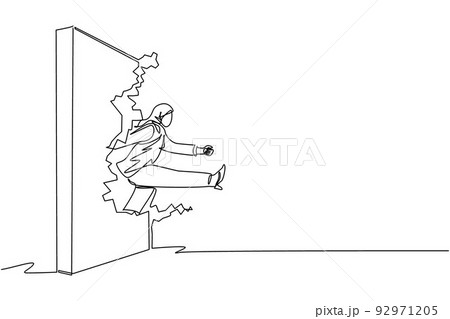 Single one line drawing Arabic businesswoman run and breaking through brick wall. Leadership concept. Business concept of obstacle and solution. Continuous line draw design graphic vector illustration 92971205