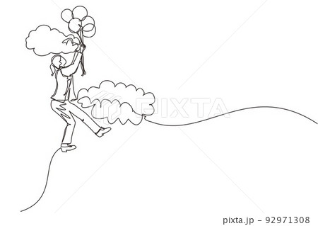 Single continuous line drawing businesswoman floating with balloon. Woman holding balloon flying through cloud. Worker reaches goal, target, finds solution. One line graphic design vector illustration 92971308