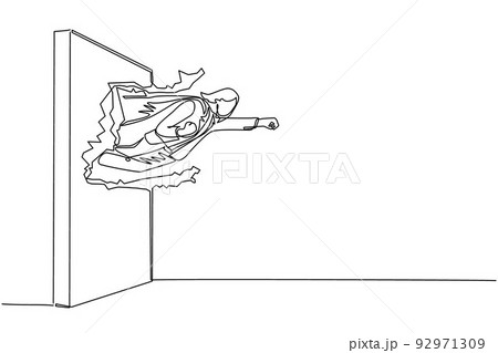 Single one line drawing super businesswoman punches and breaks wall. Flying man breaks the wall. Business concept power, success and overcome difficulties. Modern continuous line draw design vector 92971309