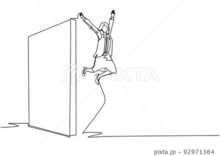 Continuous one line drawing businesswoman managed to jump over the wall. Woman jumps over the wall, outside comfort zone to get new experience, fun and excited. Single line draw design vector graphic Continuous one line drawing businesswoman managed to jump over the wall. Woman jumps over the wall, outside comfort zone to get new experience, fun and excited. Single line draw design vector graphic 92971364