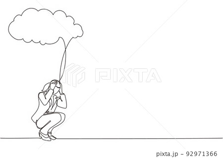Single continuous line drawing businesswoman feeling sad, depression sitting under rain and cloud. Unhappy depressed loneliness sad worker in stress with problem. One line draw graphic design vector Single continuous line drawing businesswoman feeling sad, depression sitting under rain and cloud. Unhappy depressed loneliness sad worker in stress with problem. One line draw graphic design vector 92971366