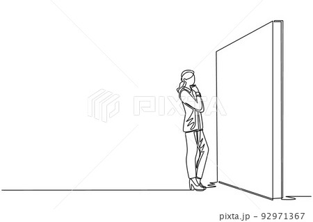 Single continuous line drawing businesswoman thinking in front of big obstacle or wall. Abstract representing risk management. Finding solution and problem solving concept. One line draw design vector Single continuous line drawing businesswoman thinking in front of big obstacle or wall. Abstract representing risk management. Finding solution and problem solving concept. One line draw design vector 92971367