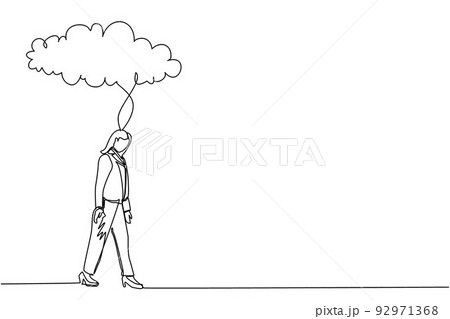 Single continuous line drawing unhappy depressed sad businesswoman in stress walking under rain cloud. Alone loser female depression. Loneliness in overcast weather. One line graphic design vector Single continuous line drawing unhappy depressed sad businesswoman in stress walking under rain cloud. Alone loser female depression. Loneliness in overcast weather. One line graphic design vector 92971368