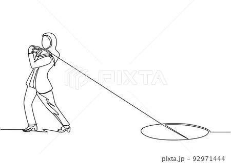 Single continuous line drawing Arabian businesswoman trying hard pulling rope to drag something from hole, metaphor to facing big problem. Business struggles. One line draw design vector illustration Single continuous line drawing Arabian businesswoman trying hard pulling rope to drag something from hole, metaphor to facing big problem. Business struggles. One line draw design vector illustration 92971444