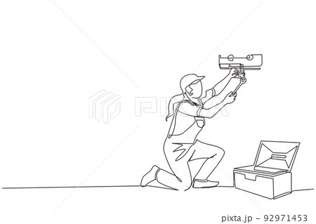 Single one line drawing female plumber in overall is installing water heater or boiler. Home repair, maintenance and plumbing services. Handywoman concept. Continuous line draw design graphic vector Single one line drawing female plumber in overall is installing water heater or boiler. Home repair, maintenance and plumbing services. Handywoman concept. Continuous line draw design graphic vector 92971453