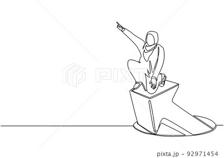 Continuous one line drawing Arabian businesswoman standing on arrows coming out of holes. Woman leading financial graph rising from hole. Business growth. Single line draw design vector illustration Continuous one line drawing Arabian businesswoman standing on arrows coming out of holes. Woman leading financial graph rising from hole. Business growth. Single line draw design vector illustration 92971454