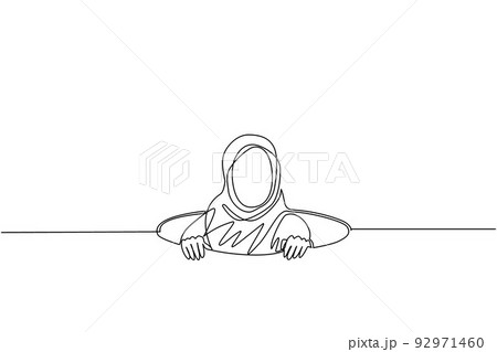 Single continuous line drawing Arabian businesswoman trying to get out of from hole, metaphor to facing big problem. Business struggles. Strength for success. One line draw design vector illustration 92971460