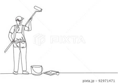 Single continuous line drawing woman painting wall with roller. Vector concept illustration on home repair, renovation, freshen up. Female painter professional at work. One line draw design graphic 92971471