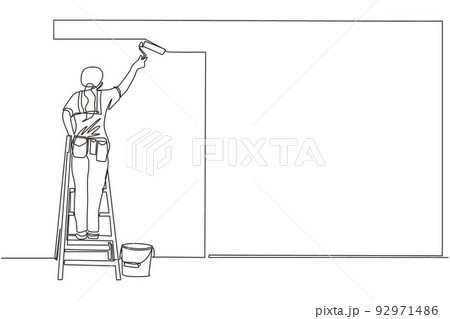 Continuous one line drawing painter standing on staircase paints wall. Woman is holding paint roller in hand. Human runs to provide construction work. Worker in uniform. Single line draw design vector Continuous one line drawing painter standing on staircase paints wall. Woman is holding paint roller in hand. Human runs to provide construction work. Worker in uniform. Single line draw design vector 92971486