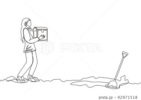 Continuous one line drawing Arab businesswoman walking and holding treasure chest. Woman with treasure box that contained many gold coin. Business metaphor. Single line draw design vector illustration 92971518