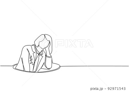 Single continuous line drawing businesswoman trying to get out of from hole, metaphor to facing big problem. Business struggles. Strength for success. One line draw graphic design vector illustration 92971543