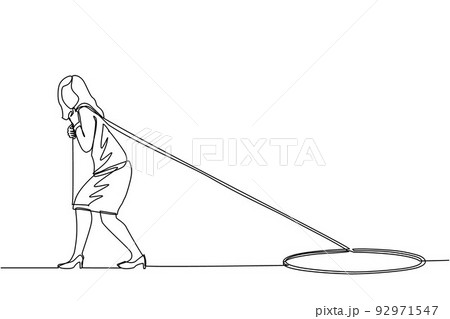 Single continuous line drawing businesswoman trying hard pulling rope to drag something from hole, metaphor to facing big problem. Business struggles. One line draw graphic design vector illustration 92971547