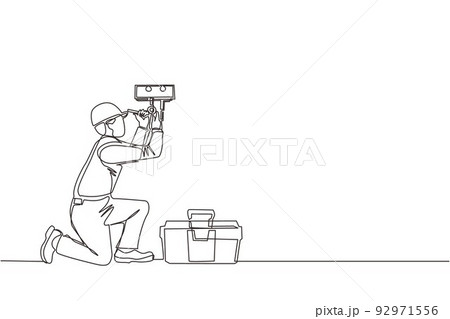 Single one line drawing male plumber in overall is installing water heater or boiler. Home repair, maintenance and plumbing services. Handyman concept. Continuous line draw design vector illustration Single one line drawing male plumber in overall is installing water heater or boiler. Home repair, maintenance and plumbing services. Handyman concept. Continuous line draw design vector illustration 92971556
