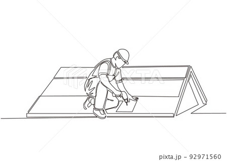 Single continuous line drawing roofer installing wooden or bitumen shingle. Roofer man fixing house roof with electric screwdriver. Repairman worker repair occupation. One line graphic design vector 92971560