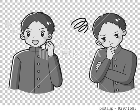 一個穿著校服的男孩帶著興奮的表情和煩惱的表情插圖集（黑白） 92971683
