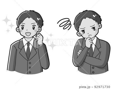 ときめきの表情と困っている表情のスーツを着た男性 イラストセット(白黒) ときめきの表情と困っている表情のスーツを着た男性 イラストセット(白黒) 92971730