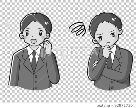 ときめきの表情と困っている表情のスーツを着た男性 イラストセット(白黒) ときめきの表情と困っている表情のスーツを着た男性 イラストセット(白黒) 92971730