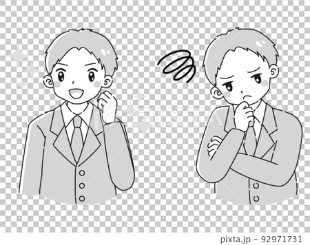 ときめきの表情と困っている表情のスーツを着た男性 イラストセット(白黒) ときめきの表情と困っている表情のスーツを着た男性 イラストセット(白黒) 92971731