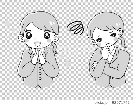 A woman wearing a suit with an expression of excitement and an expression of embarrassment Illustration set (black and white) A woman wearing a suit with an expression of excitement and an expression of embarrassment Illustration set (black and white) 92971741