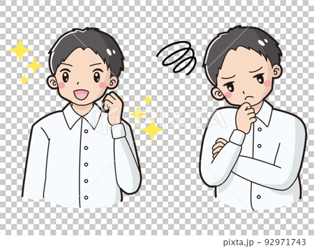 A man wearing a shirt with an expression of excitement and a troubled expression illustration set A man wearing a shirt with an expression of excitement and a troubled expression illustration set 92971743