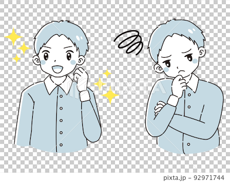 A man wearing a shirt with an expression of excitement and a troubled expression illustration set A man wearing a shirt with an expression of excitement and a troubled expression illustration set 92971744