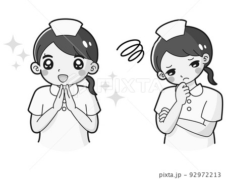 ときめきの表情と困っている表情の白衣を着た女性　イラストセット（白黒） 92972213