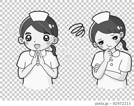 ときめきの表情と困っている表情の白衣を着た女性　イラストセット（白黒） 92972213