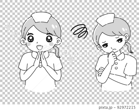ときめきの表情と困っている表情の白衣を着た女性　イラストセット（白黒） 92972215