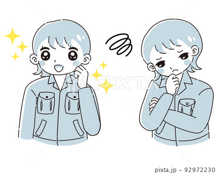 ときめきの表情と困っている表情の作業服を着た女性 イラストセット ときめきの表情と困っている表情の作業服を着た女性 イラストセット 92972230