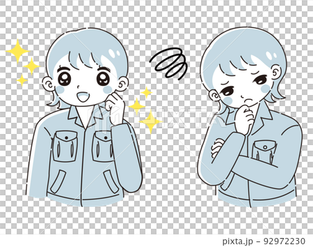 A woman wearing work clothes with an excited expression and a troubled expression illustration set 92972230