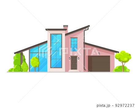 Residential neighborhood, custom built house building with large glass windows, vector. Suburban house or family mansion and bungalow dwelling modern facade, residential architecture or townhouse 92972237