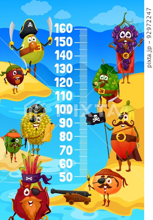 Kids height chart with cartoon fruit pirates and corsairs. Vector growth meter wall sticker. Brave mango, papaya, feijoa and grape, jackfruit and bergamot, dragon fruit and guava on treasure island Kids height chart with cartoon fruit pirates and corsairs. Vector growth meter wall sticker. Brave mango, papaya, feijoa and grape, jackfruit and bergamot, dragon fruit and guava on treasure island 92972247