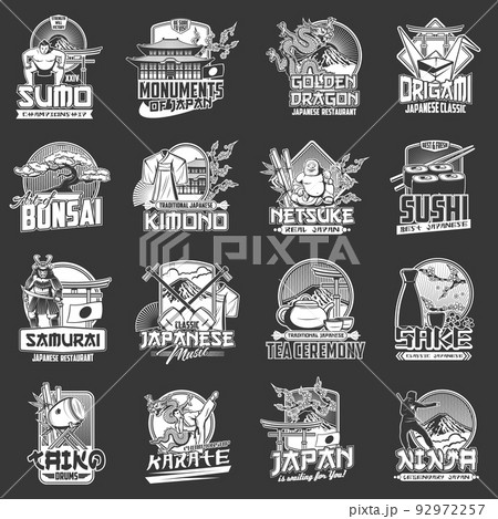 Japan culture, tradition, landmarks and food, vector icons of Japanese travel. Japan traditional sushi, sumo and karate championship, kimono and sake drink, bonsai art, origami and dragon symbols 92972257