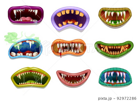 Scary and creepy drool monster grin jaws and mouths. Vector smiles, teeth and tongues. Cartoon horror faces of Halloween demon, devil, alien beast or vampire with bloody lips, bad smell, slime 92972286