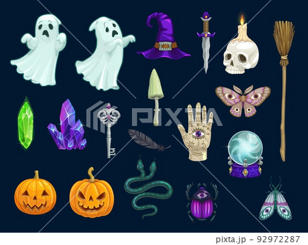 Halloween, magic and occult objects of vector ghosts, pumpkin jack-o-lantern, scarab and witch hat, broom, snake, crystals and mushroom. Cartoon skull, candle, knife and feather, key or all seeing eye 92972287